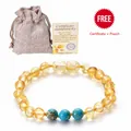 Bernstein Baby Armband mit Türkissteinen, Leinenbeutel und Zertifikat inkl. - Gelber Bernstein Mit Blauem Türkis (Stil 1)