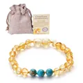 Bracelet ambre bébé avec pierres turquoise, pochette en lin et certificat - Ambre Jaune Avec Turquoise Bleue (Style 1)