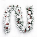 Guirnalda navideña de 2,7m con nieve artificial, piñas naturales y bayas rojas - Material Flocado Estilo 3 (Nieve Flocada Intensa)