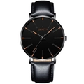 Geneva herenhorloge met zwarte lederen band en roségouden kast op witte achtergrond - Zwarte Leren Band Zwarte Kast Oranje Wijzer
