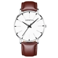 Geneva quartz watch featuring a white dial, silver case, and brown leather strap - Leather Strap Brown Band Silver Case White Dial