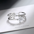 Silver double-layer open ring featuring hollow flower and sparkling zircon stone detail - Adjustable Open / White Gold Plated Copper