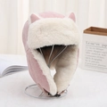 Pink cat ear trapper hat with white faux fur lining and integrated mask for wind protection - Pink