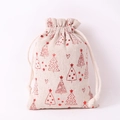 Beige linen Christmas drawstring bag featuring red printed trees and stars patterns - Christmas Tree; 10*14cm