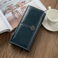Cartera larga vintage de cuero verde azulado con costuras blancas y trébol dorado - Azul