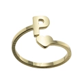 Macro detail of golden open ring featuring letter P and heart symbol on white background - Letter P / Gold