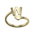 Detailed close-up of a gold-plated letter M and heart open ring on white background - Letter W / Gold