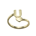 Close-up of golden letter U and heart design on stainless steel adjustable ring - Letter U / Gold