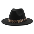 Detail of black wool fedora hat featuring a leopard print ribbon and side bow accent - M (56-58cm) / Black