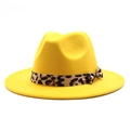 Detail of yellow wool fedora hat with leopard print ribbon band and small side bow - M (56-58cm) / Yellow