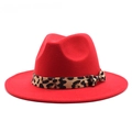 Detail of red wool fedora hat featuring a leopard print ribbon bow and flat brim design - M (56-58cm) / Red