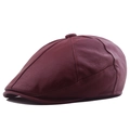 Classic dark red leather newsboy cap featuring an eight-panel design and retro faux leather - Adjustable / Red