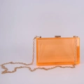 Orange clear acrylic box clutch with gold chain strap and snap closure for evening - Transparent Orange
