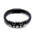 Men's braided black leather bracelet with industrial silver and black metal rings - Black Style (KB115572-KFC)