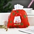 Christmas snowman drawstring gift bag in red linen with 3D plush doll and green sequins - P2-12 Printed Handbag Snowman (21*24cm)