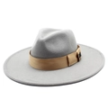 Detail of light grey wide brim wool fedora hat featuring M metal logo and brown ribbon - Adult 57-59cm / Light Gray