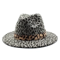 Fashionable leopard print wool fedora hat with wide brim and decorative contrast band - Gray
