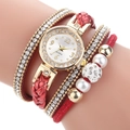 Dames horloge met rode leren wikkelband, parels en glanzende strass steentjes - Rood