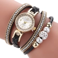 Dameshorloge quartz met zwart gevlochten leren band, strass en imitatieparels - Zwart