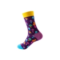 Purple crew socks with colorful mushroom patterns and yellow ribbed cuffs - One Size / 195 Purple Mushroom Print