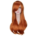 Long wavy orange cosplay wig with side bangs made of heat-resistant fiber - Orange