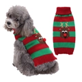 Close-up of pet Christmas sweater with red-green stripes and reindeer detail - Red and Green Striped Reindeer
