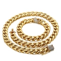 Golden Cuban link necklace and bracelet set with crystal encrusted box clasps - Gold Set
