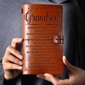 Brown leather notebook with To My Grandson engraving and elastic closure - A6 / To My Grandson Style