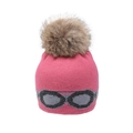 Detail of pink knitted hat with fluffy pom-pom and gray goggle pattern for warmth - Peach Red - Imitation Raccoon Fur Ball