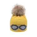 Detail of yellow knit beanie with faux fur pom and knitted goggle pattern - Yellow - Imitation Raccoon Fur Ball