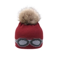 Detail of red knit beanie featuring stylish goggles pattern and fluffy brown pom pom - Adult Style (Star Goggle Style) / Wine Red - Imitation Raccoon Fur Ball