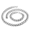 Polished silver stainless steel Cuban link necklace and bracelet set for men - Silver Necklace Bracelet Set (KS136032-Z)