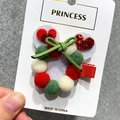 Christmas Mickey-themed hair clip with colorful pom-poms, green bow, and glitter heart - 11 Mouse Head with Heart Pom Pom Clip