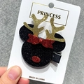 Christmas reindeer Mickey mouse glitter hair clip for girls with gold antlers and red bow - 12 Black Mouse Head with Gold Antler Clip