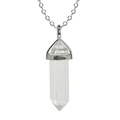 Detail of silver chain with hexagonal clear crystal pillar pendant on white background - Clear Quartz with Chain