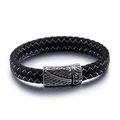 Men's braided leather bracelet featuring vintage silver steel feather textured clasp - 21cm / White Line Feather (KB87332-BD)