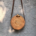 Borsa a tracolla rotonda in rattan di Bali fatta a mano con cinturino in pelle - Borsa con fiocco a pentagramma 20*8cm