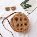 Handmade brown round rattan crossbody bag with leather strap and woven mesh design - Grid Leather Buckle Bag 20*8cm