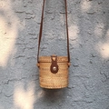 Borsa a tracolla cilindrica fatta a mano in rattan marrone con cinturino in pelle - Borsa a cilindro piccola 13*13cm