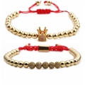 Adjustable red woven bracelet set with 4mm gold beads and crown zircon charms - Two-Piece Set / Gold Set