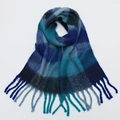 Thick warm cashmere-feel scarf with blue and turquoise gradient plaid and fringe - 240x38cm / Blue Green Gradient Plaid