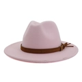 Light pink wool felt fedora with a dark brown buckled belt and tassel on white background - Adjustable / Pink