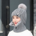 Cagoule tricotée grise pour femme avec doublure polaire, fermeture éclair et pompon - M (56-58cm) / Gris