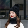 Winter set with black knit beanie hat with faux fur pom and matching fleece lined neck warmer - M (56-58cm) / Black