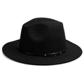Classic black wool fedora hat with a leather strap and golden buckle detail - M (56-58cm) / Black