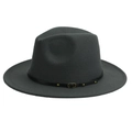 Classic dark grey wool fedora hat with black leather belt and brass buckle detail - M (56-58cm) / Dark Gray