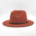 Rust red wool fedora hat with black leather buckle strap for men and women - M (56-58cm) / Rust red