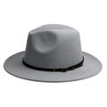 Light grey wool fedora hat with black leather strap and gold metal buckle detail - M (56-58cm) / Gray
