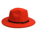Classic bright red wool felt fedora hat with black leather strap and gold buckle - M (56-58cm) / Orange