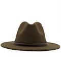 Klassieke donkerbruine wollen fedora met brede rand en leren band voor herfst winter - Eén Maat / Donker Camel
